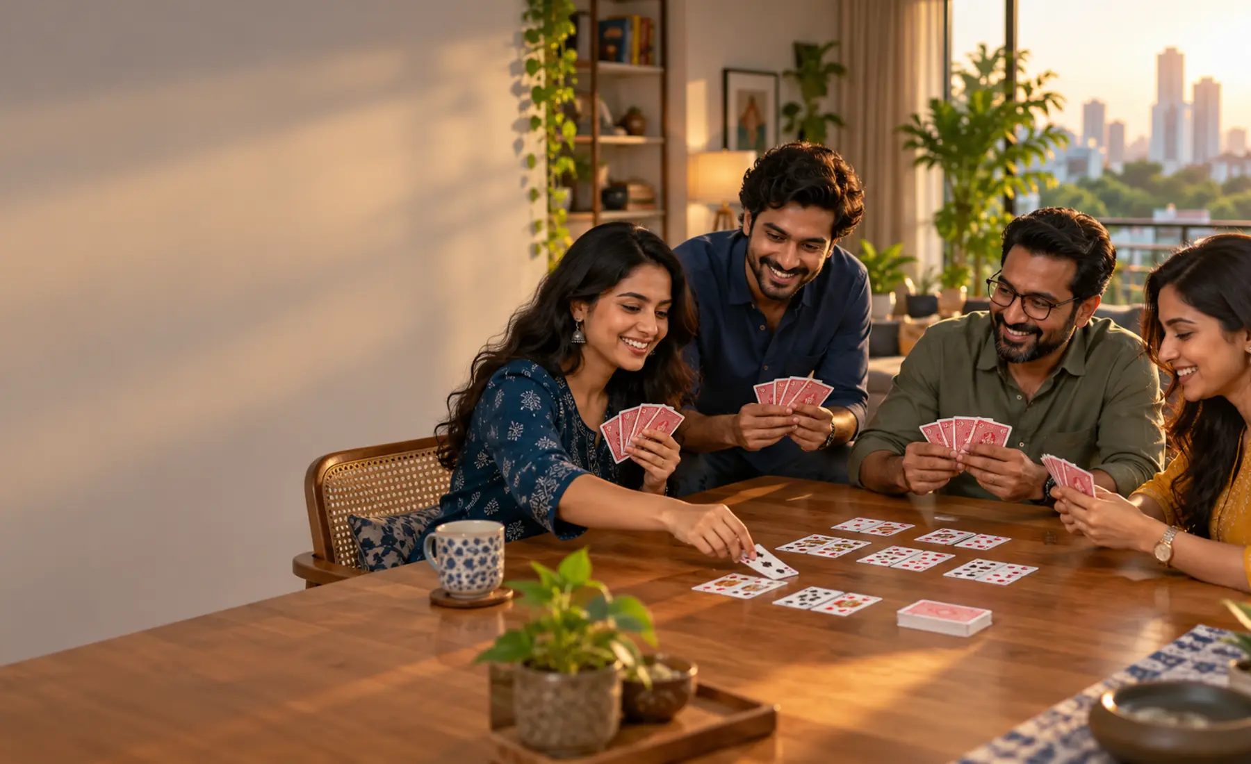 Indian family and friends enjoying traditional games in a Indian family festival card gathering at home